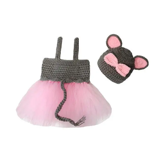 Alt view image 6 of 6 - Newborn Baby Girls Photography Elephant Outfits Infant Baby Photo Lace Tutu Skirt Crochet Dress Hat