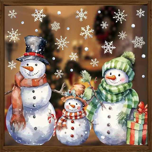 Main image of 3 Sheets Christmas Window Clings Extra Large Snowman Window Decals Xmas Snowflake Double-Sided Windows Stickers Watercolor Christmas Windows Decorations for Xmas Holiday Party Home Office Glass Decor