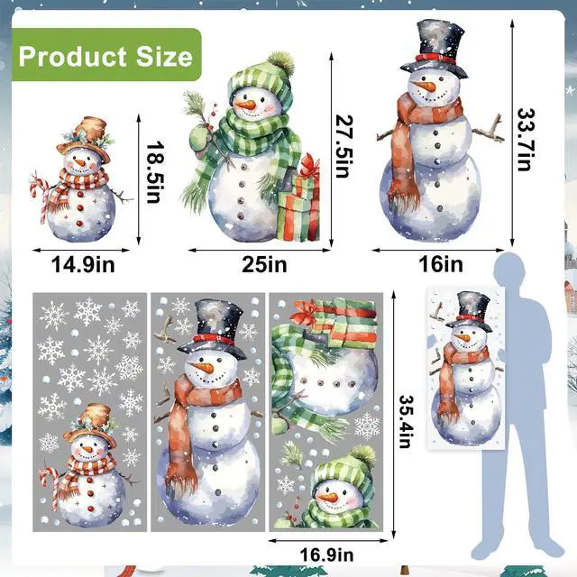 Alt view image 2 of 6 - 3 Sheets Christmas Window Clings Extra Large Snowman Window Decals Xmas Snowflake Double-Sided Windows Stickers Watercolor Christmas Windows Decorations for Xmas Holiday Party Home Office Glass Decor