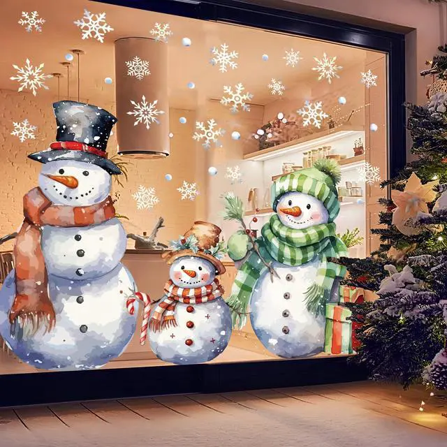 Alt view image 5 of 6 - 3 Sheets Christmas Window Clings Extra Large Snowman Window Decals Xmas Snowflake Double-Sided Windows Stickers Watercolor Christmas Windows Decorations for Xmas Holiday Party Home Office Glass Decor
