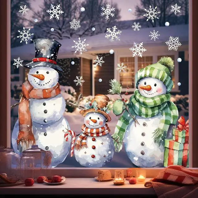 Alt view image 6 of 6 - 3 Sheets Christmas Window Clings Extra Large Snowman Window Decals Xmas Snowflake Double-Sided Windows Stickers Watercolor Christmas Windows Decorations for Xmas Holiday Party Home Office Glass Decor