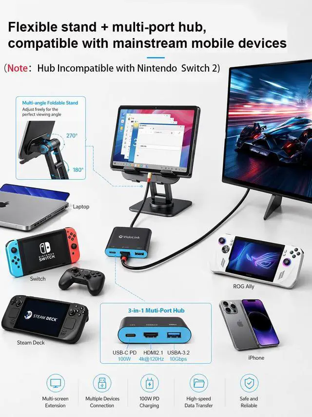 Alt view image 4 of 6 - Foldable Stand+Dock with 4K HD2.1 HDMI to USB C Adapter | Compatible with Steam Deck, Rog Ally, Tablet,Switch 2, iPad, Plug&Play, Note that C-Hub not for NS2 due to official updates