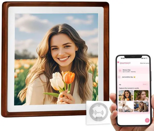Main image of Smart Picture Frame, 12x12 Wireless Wood NFC Photo Frame, Tabletop&Wall-Mounted, Share Photos/Videos/Recording from Phone to Webpage for Party/Travel/Home & Gifts, Compatible iPhone/Android