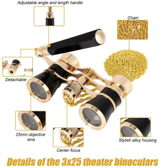 Alt view image 5 of 6 - 3X25 Opera Glasses, Compact Mini Theater Binoculars with Adjustable Handle and Chain Portable Vintage Theater Binoculars for Women Adults Kids Concerts Cinema Musical Events