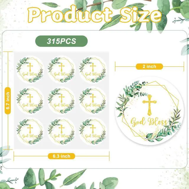 Alt view image 2 of 6 - 315Pcs Cross Greenery Sticker 2" God Bless Christening Paper Decals Gold Green Baptism Adhesive Stickers for First Communion Easter Envelope Scrapbook Gift DIY Supplies
