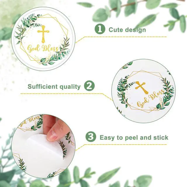 Alt view image 3 of 6 - 315Pcs Cross Greenery Sticker 2" God Bless Christening Paper Decals Gold Green Baptism Adhesive Stickers for First Communion Easter Envelope Scrapbook Gift DIY Supplies