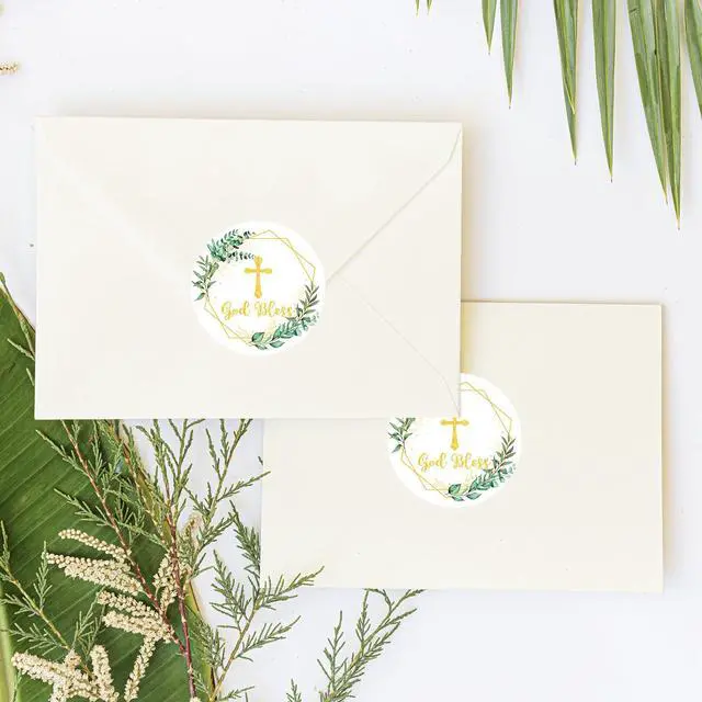Alt view image 5 of 6 - 315Pcs Cross Greenery Sticker 2" God Bless Christening Paper Decals Gold Green Baptism Adhesive Stickers for First Communion Easter Envelope Scrapbook Gift DIY Supplies