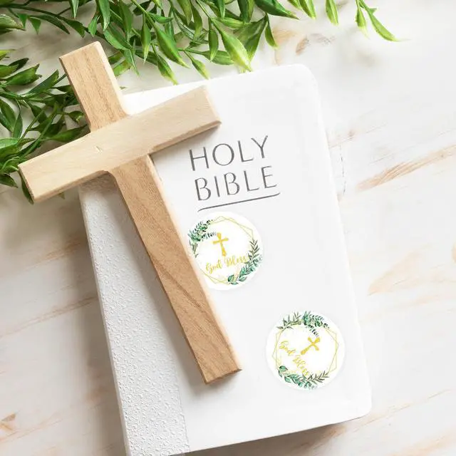 Alt view image 6 of 6 - 315Pcs Cross Greenery Sticker 2" God Bless Christening Paper Decals Gold Green Baptism Adhesive Stickers for First Communion Easter Envelope Scrapbook Gift DIY Supplies