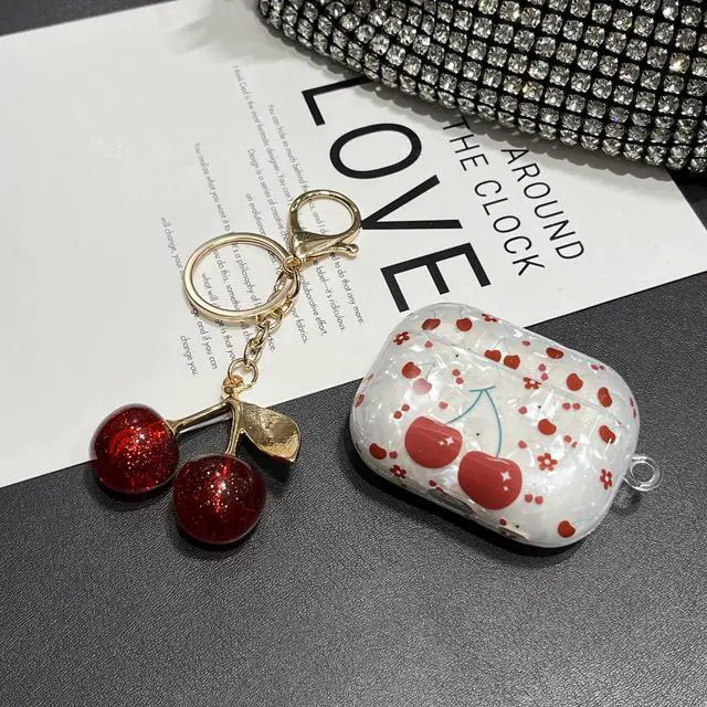 Alt view image 3 of 6 - for AirPod Pro 2 Case Cover Girly Aesthetic Cherries Cute Silicone Women Protective Cases with Sparkle Glitter Cherry Keychain Bag Purse Charm, Shockproof for AirPods Pro 2nd/1st Case Pink
