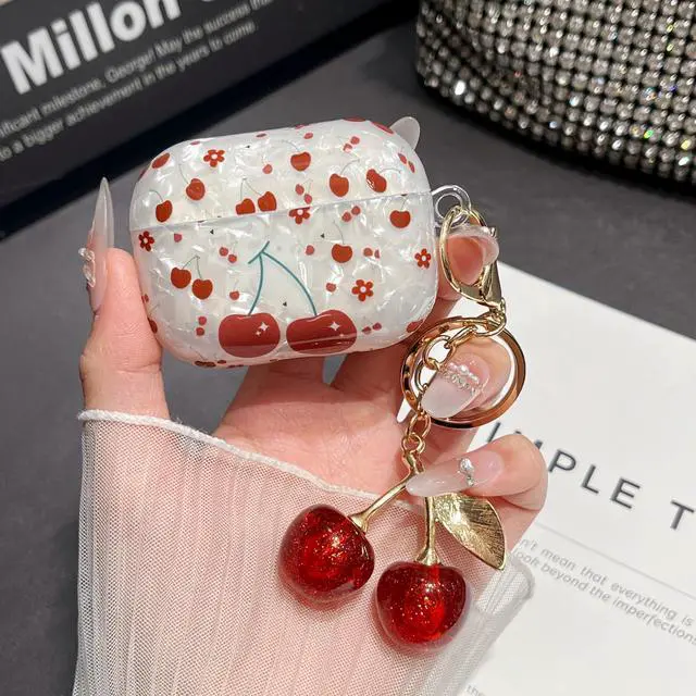 Alt view image 4 of 6 - for AirPod Pro 2 Case Cover Girly Aesthetic Cherries Cute Silicone Women Protective Cases with Sparkle Glitter Cherry Keychain Bag Purse Charm, Shockproof for AirPods Pro 2nd/1st Case Pink