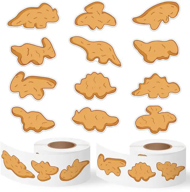 Main image of Dino Nuggets Stickers - 2000Pcs in 2 Rolls Cute Decals for Kids | 12 Designs Dinosaur Chicken Nuggets, Funny Waterproof Adhesive Roll Stickers, Birthday Party Favors, Guitar Laptop Home Decor