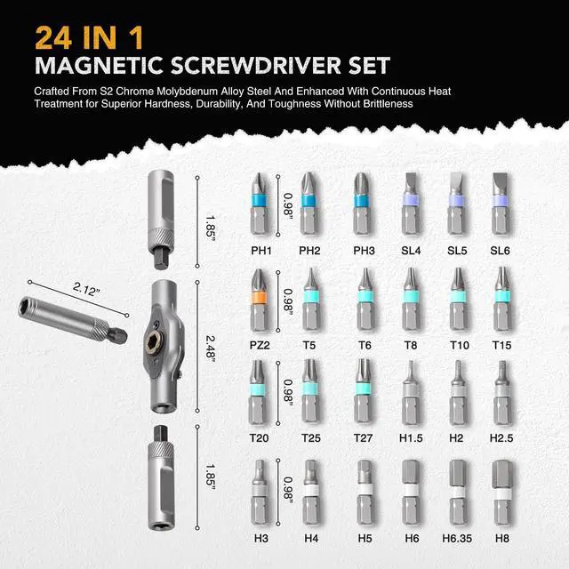 Alt view image 3 of 6 - 24 in 1 Magnetic Ratchet Screwdriver Set, Multi Bit Precision Kit with Detachable T Handle for Computer, Electronics, Furniture and Bike Repair