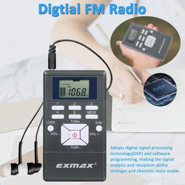 Alt view image 3 of 6 - ® EXG-108 Wireless Portable Pocket DSP FM Stereo Radio Digital Receiver with Mini LCD Clock Earphone for Tour Guide System Teaching Meeting - 2 Pack (Gray)