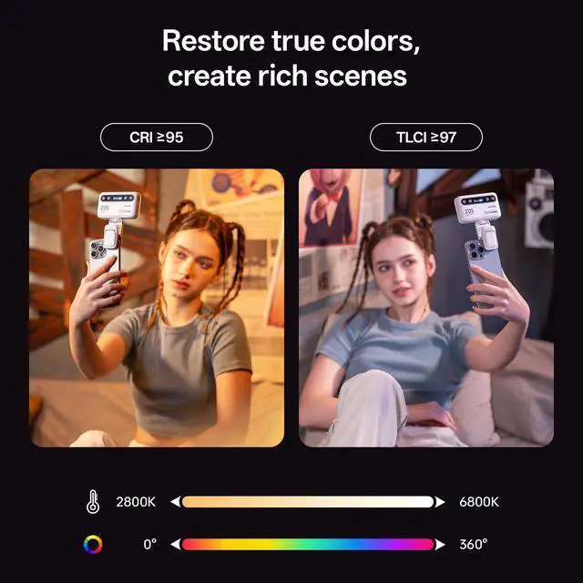 Alt view image 3 of 6 - Z05 RGB Video Light Portable LED Selfie Light with Clip for Phone Camera Laptop Tripod, 2000mAh USB-C CRI>97 2800-6800K App Control Dimmable for Photography TikTok YouTube Vlog Live Streaming