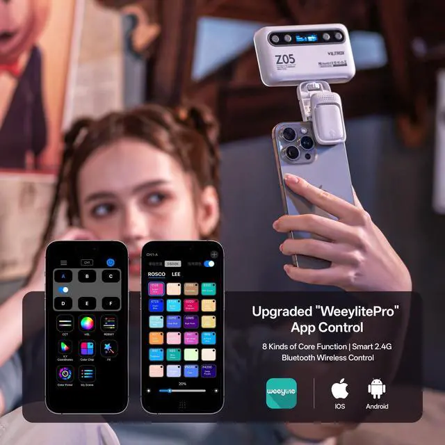 Alt view image 6 of 6 - Z05 RGB Video Light Portable LED Selfie Light with Clip for Phone Camera Laptop Tripod, 2000mAh USB-C CRI>97 2800-6800K App Control Dimmable for Photography TikTok YouTube Vlog Live Streaming