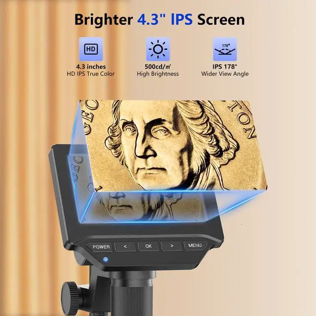 Alt view image 4 of 6 - Digital Microscope,4.3" Digital Coin Microscope with Screen,with 8 Adjustable LED Lights, 1080P PC View Compatible with Windows/MacBook,Base with Adjustable Lighting
