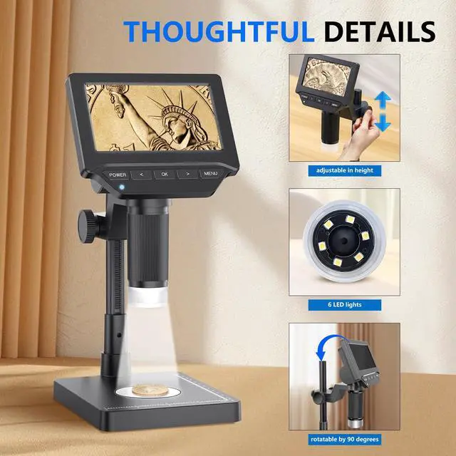 Alt view image 5 of 6 - Digital Microscope,4.3" Digital Coin Microscope with Screen,with 8 Adjustable LED Lights, 1080P PC View Compatible with Windows/MacBook,Base with Adjustable Lighting