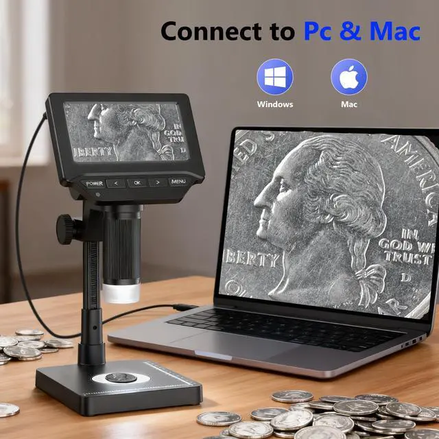 Alt view image 6 of 6 - Digital Microscope,4.3" Digital Coin Microscope with Screen,with 8 Adjustable LED Lights, 1080P PC View Compatible with Windows/MacBook,Base with Adjustable Lighting
