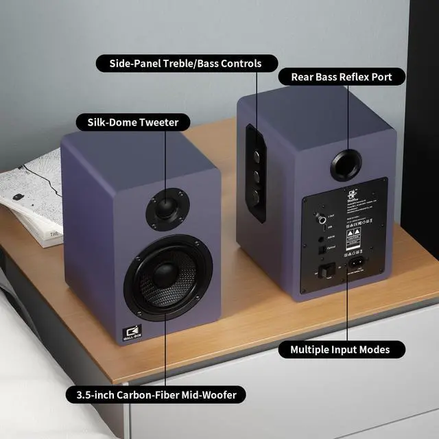 Alt view image 5 of 6 - H2 Bookshelf Speakers, 60W Stereo, Record Player/Computers Speakers, DSP, Carbon-Fiber Woofer, Silk Tweeter, Optical/USB-C/AUX, Bluetooth 5.3, Slate Blue