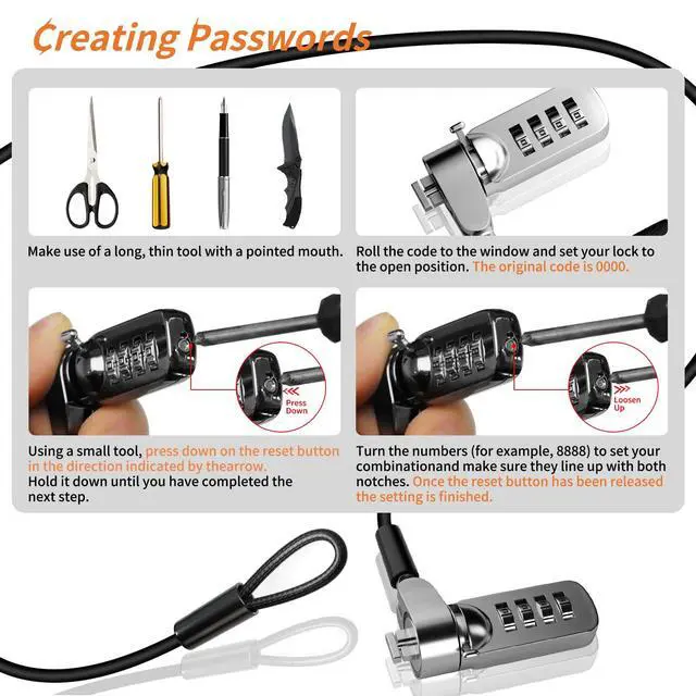 Alt view image 5 of 6 - Computer Lock Laptop Lock with Slot Plate 6.23 ft Anti Theft Lock | Combination Security Locking Cable, Digital Password Protection, Lock Cable for Laptop, Computer Lock,Tablet Lock,Phone Lock