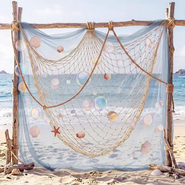 Main image of 25 Pcs Fish Net Seashell Beach Party Decorations Include Rainbow Bubble Photo Props Nature Fish Net, Netting Decoration Colorful Seashells, Natural Starfish Beach Party, Wedding, Photography