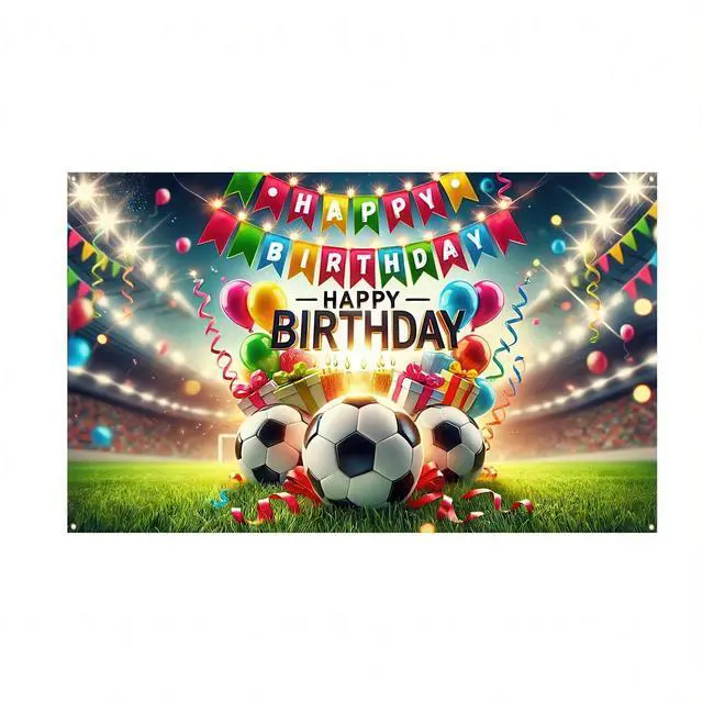 Main image of Soccer Stadium Birthday Banner 71x43 Inch Polyester Party | Happy Birthday Backdrop, Soccer Stadium Theme, Polyester Material, Ideal for Sports Fields, Backyards, Fences & Living Rooms