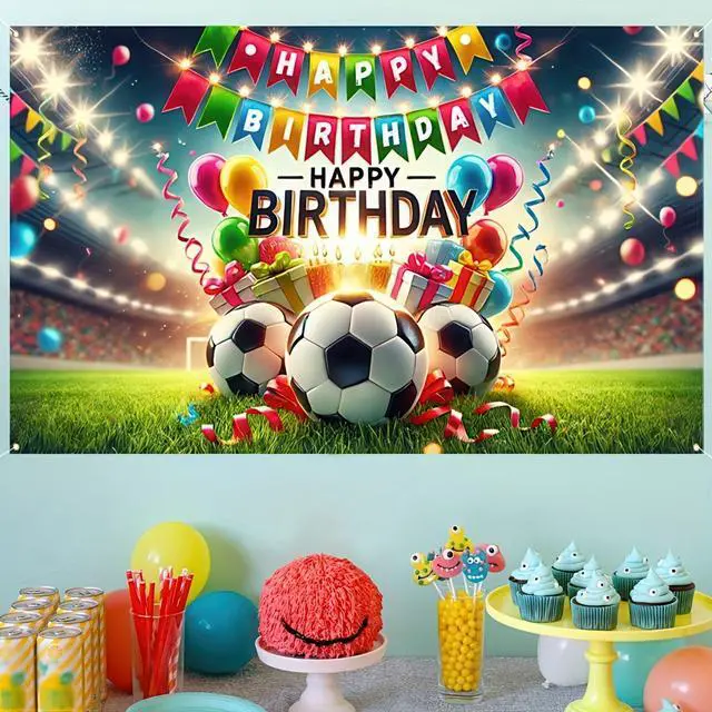Alt view image 2 of 5 - Soccer Stadium Birthday Banner 71x43 Inch Polyester Party | Happy Birthday Backdrop, Soccer Stadium Theme, Polyester Material, Ideal for Sports Fields, Backyards, Fences & Living Rooms