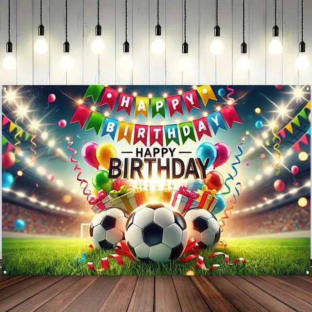 Alt view image 3 of 5 - Soccer Stadium Birthday Banner 71x43 Inch Polyester Party | Happy Birthday Backdrop, Soccer Stadium Theme, Polyester Material, Ideal for Sports Fields, Backyards, Fences & Living Rooms