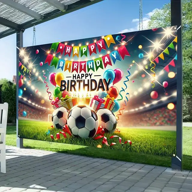 Alt view image 4 of 5 - Soccer Stadium Birthday Banner 71x43 Inch Polyester Party | Happy Birthday Backdrop, Soccer Stadium Theme, Polyester Material, Ideal for Sports Fields, Backyards, Fences & Living Rooms