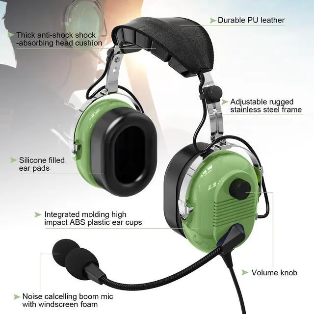 Alt view image 3 of 6 - Dual GA Plug Noise Cancelling Pilot Headsets with Boom Mic Aircraft Headphone General Aviation Headset,NRR 24dB Anti-Noise Microphone,Twin Plug Flight School Headphones (Light Green) (A)