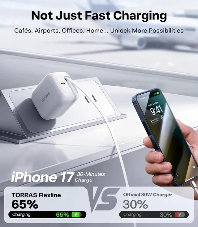 Alt view image 3 of 6 - FlexLine 40W USB C Charger, Dual-Port GaN Retractable Charger | iPhone 17/16/15, Galaxy, Pixel, iPad compatible, built-in braided cable, dual-device fast charging, travel and desk use