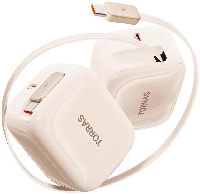 Main image of FlexLine 35W USB C Charger, Dual-Port GaN Retractable Charger, Gold | iPhone 17/16/15, Galaxy, Pixel, iPad compatible, built-in braided cable, dual-device fast charging, travel and desk use