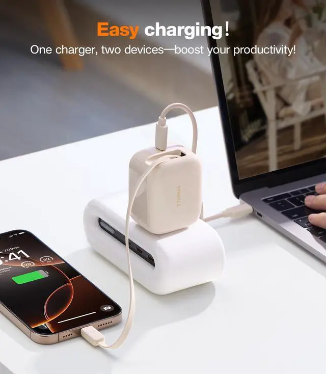 Alt view image 6 of 6 - FlexLine 35W USB C Charger, Dual-Port GaN Retractable Charger, Gold | iPhone 17/16/15, Galaxy, Pixel, iPad compatible, built-in braided cable, dual-device fast charging, travel and desk use