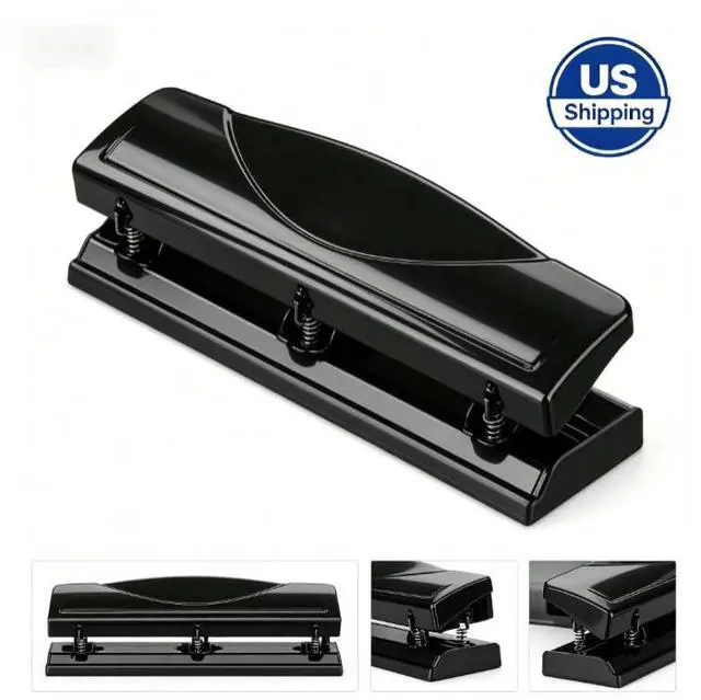 Main image of 3Hole Paper Punch, 12Sheet Punching Capacity, Metal Office Hole Puncher with Removable Chip Tray, Black