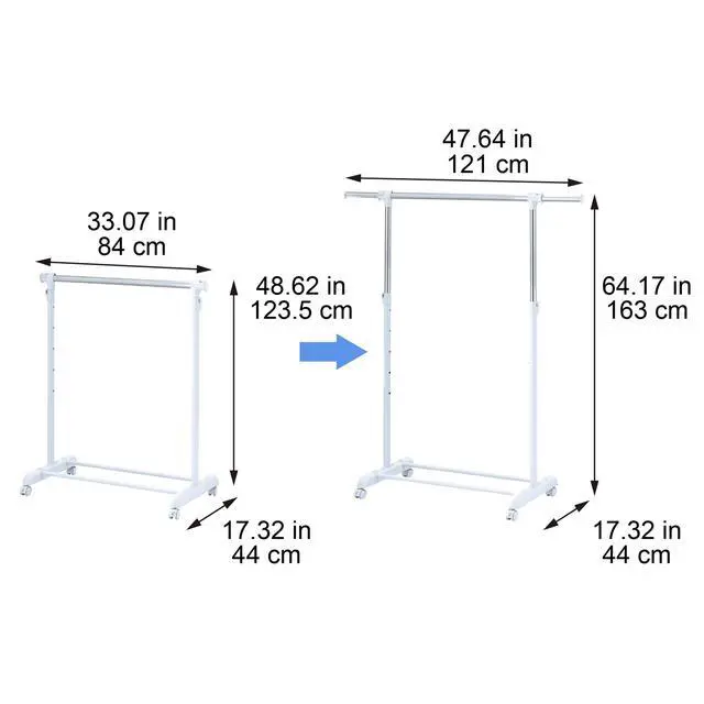 Alt view image 2 of 4 - Adjustable Rolling Metal Garment Rack, Chrome & White, Wheeled Freestanding Clothes Hanger with Bottom Storage Bar