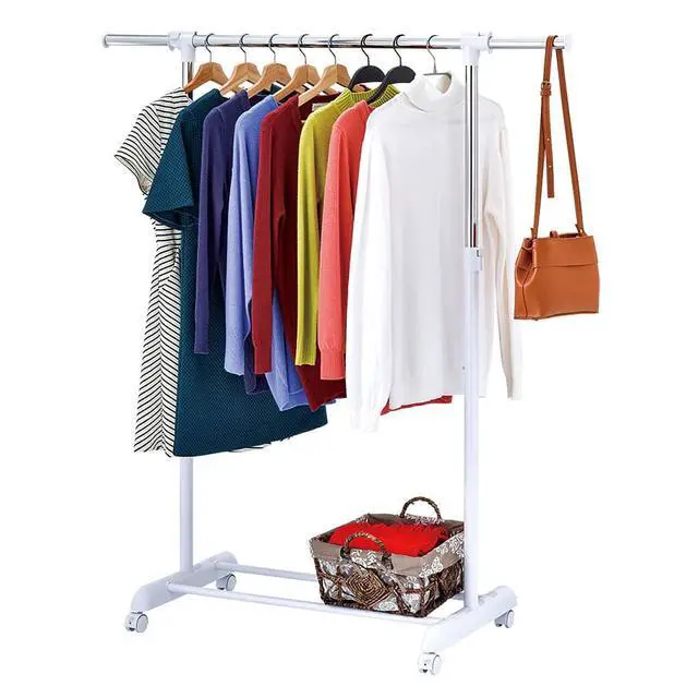 Alt view image 3 of 4 - Adjustable Rolling Metal Garment Rack, Chrome & White, Wheeled Freestanding Clothes Hanger with Bottom Storage Bar