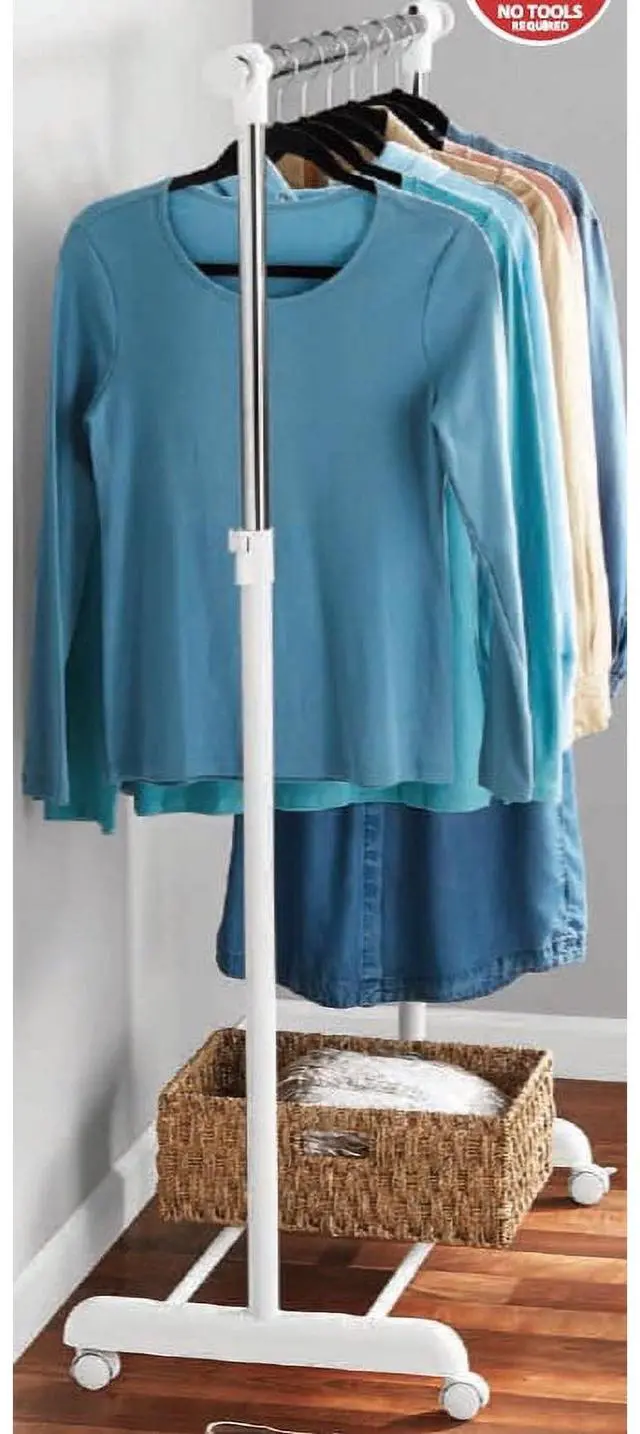 Main image of Adjustable Rolling Metal Garment Rack, Chrome & White, Wheeled Freestanding Clothes Hanger with Bottom Storage Bar