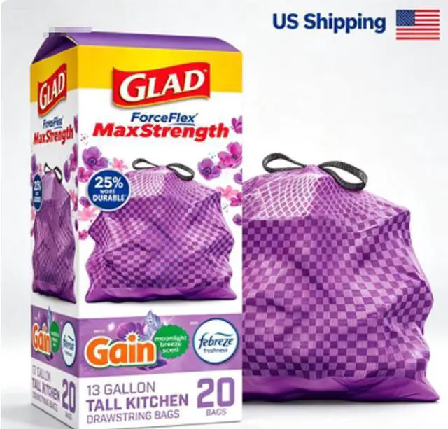Main image of 13Gallon Purple Drawstring Kitchen Trash Bags, Gain Moonlight Breeze Scent, MaxStrength, 20 Count