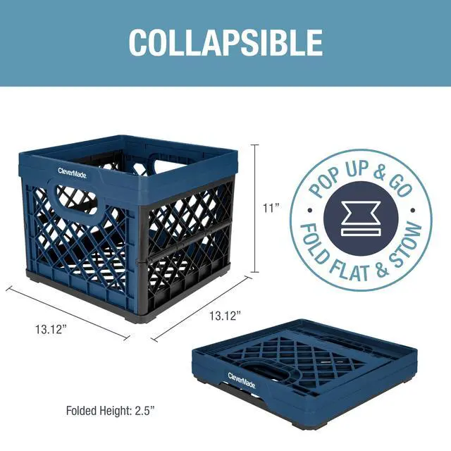 Alt view image 2 of 4 - Collapsible EcoPlastic Milk Crate, 6.6 Gal Folding Storage Bin, Ocean Navy, Recycled PP Material