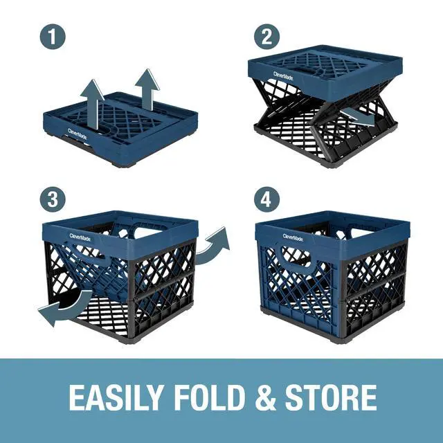 Alt view image 4 of 4 - Collapsible EcoPlastic Milk Crate, 6.6 Gal Folding Storage Bin, Ocean Navy, Recycled PP Material