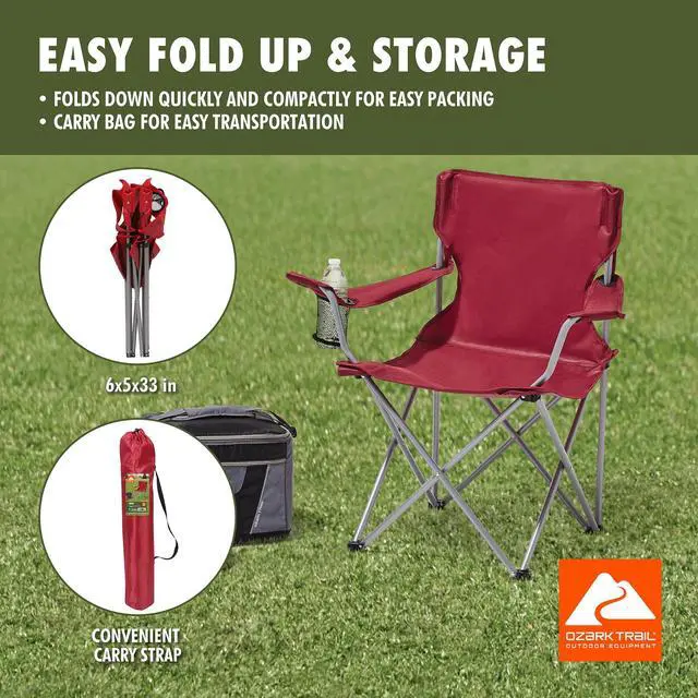 Alt view image 4 of 4 - QuadFolding Outdoor Camp Chair with Mesh Cup Holder, Red, 225 lbs Weight Capacity