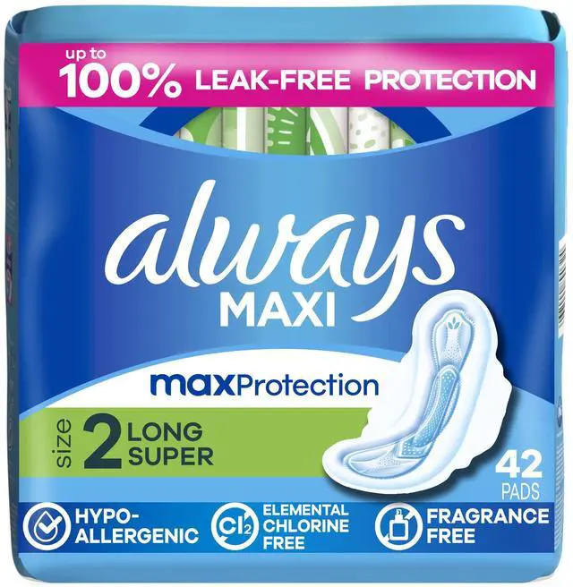 Main image of Maxi Feminine Pads with Wings, Size 2 Long Super Absorbency, RapidDRY Leak Protection, 42Count