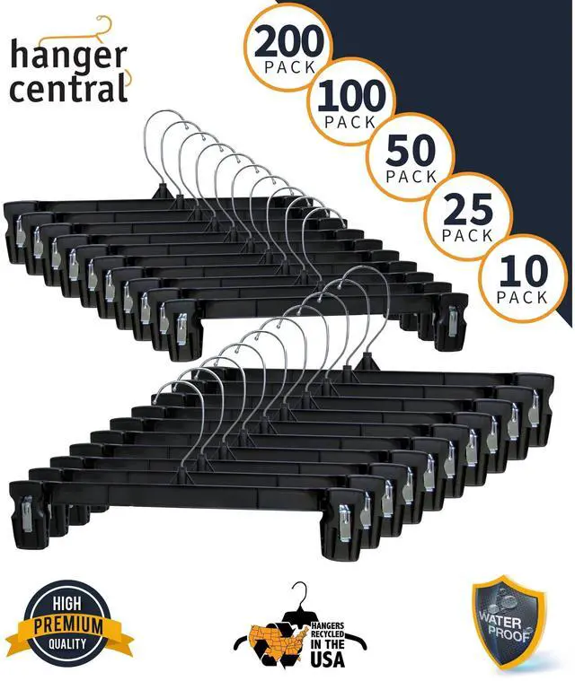 Main image of HeavyDuty Recycled Plastic Pants & Skirt Hangers, 14 Inch, Padded Pinch Clips, Swivel Hook, 25Pack, Black