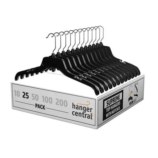 Alt view image 2 of 5 - HeavyDuty Recycled Plastic Clothing Hangers, 17 Inch, Notched Arms, Swivel Metal Hooks, Black, 25Pack