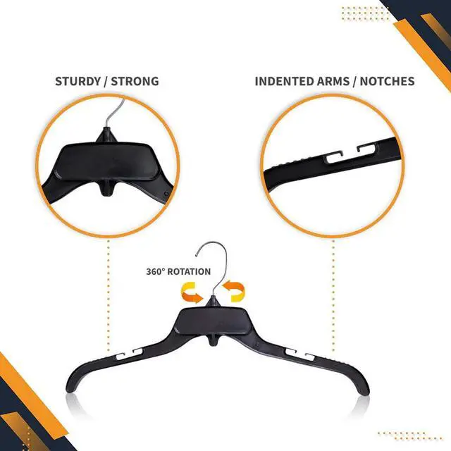 Alt view image 3 of 5 - HeavyDuty Recycled Plastic Clothing Hangers, 17 Inch, Notched Arms, Swivel Metal Hooks, Black, 25Pack