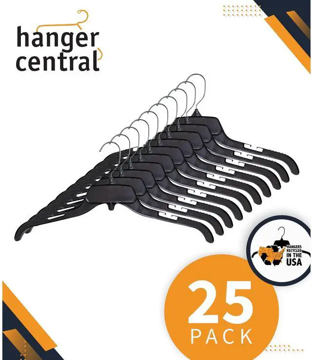 Main image of HeavyDuty Recycled Plastic Clothing Hangers, 17 Inch, Notched Arms, Swivel Metal Hooks, Black, 25Pack