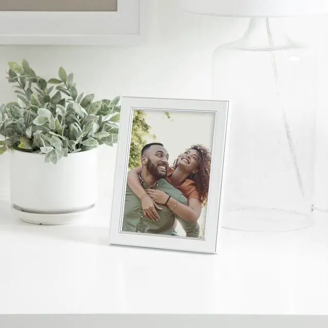 Alt view image 5 of 5 - Decorative 5×7 Picture Frame, White with Metallic Silver Trim, Tabletop & WallMount Display