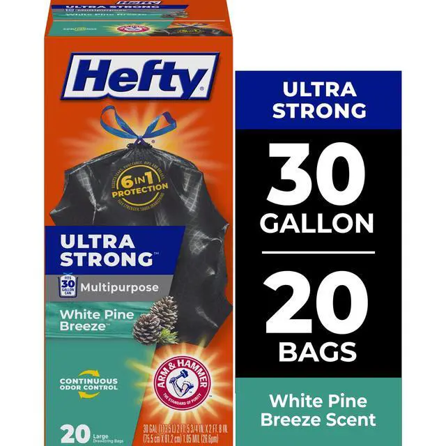Main image of UltraStrong Drawstring Trash Bags, 30 Gallon, White Pine Breeze Scent, Black, 20 Count