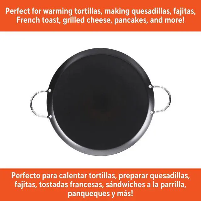 Alt view image 3 of 4 - 13.5 Inch Round CarbonSteel NonStick Comal Pan, Black, Riveted Metal Side Handles