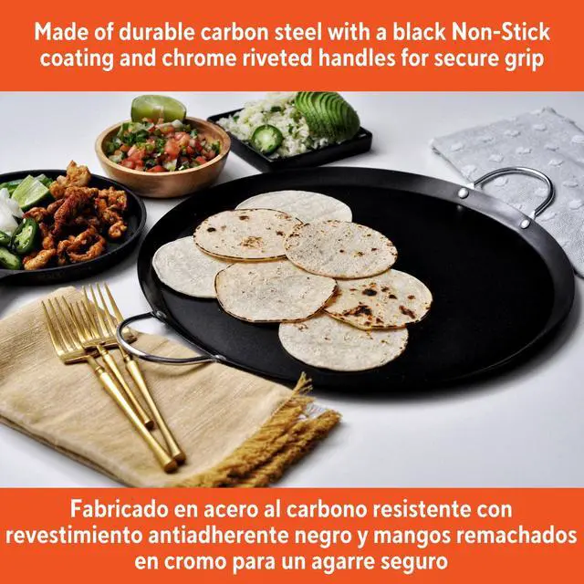 Alt view image 2 of 4 - 13.5 Inch Round CarbonSteel NonStick Comal Pan, Black, Riveted Metal Side Handles